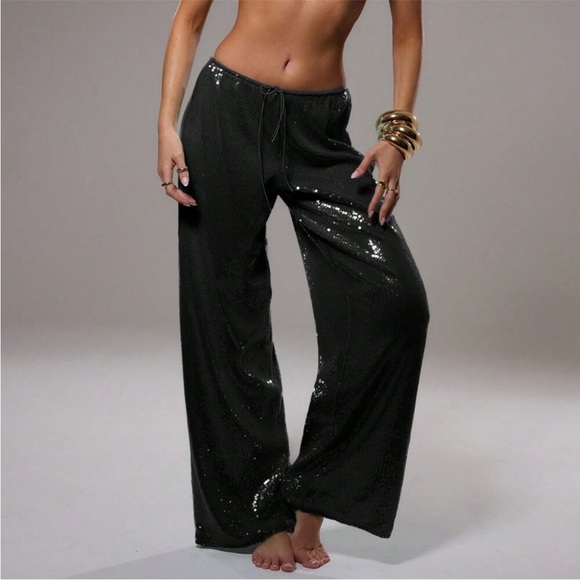 Pants - Black Sequin Wide-Leg Pants